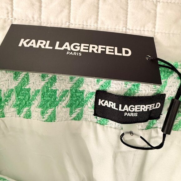 Karl Lagerfeld Paris Green & White Houndstooth Tweed Mini Skirt With Silver Butt - Picture 5 of 6